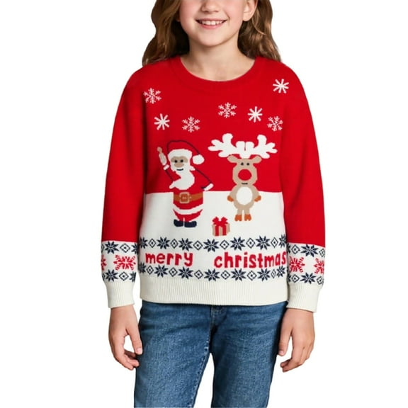 Kiijoy Christmas Sweater for Girls Cute Cartoon Long Sleeve Knit Pullover Top, Sizes 3-4