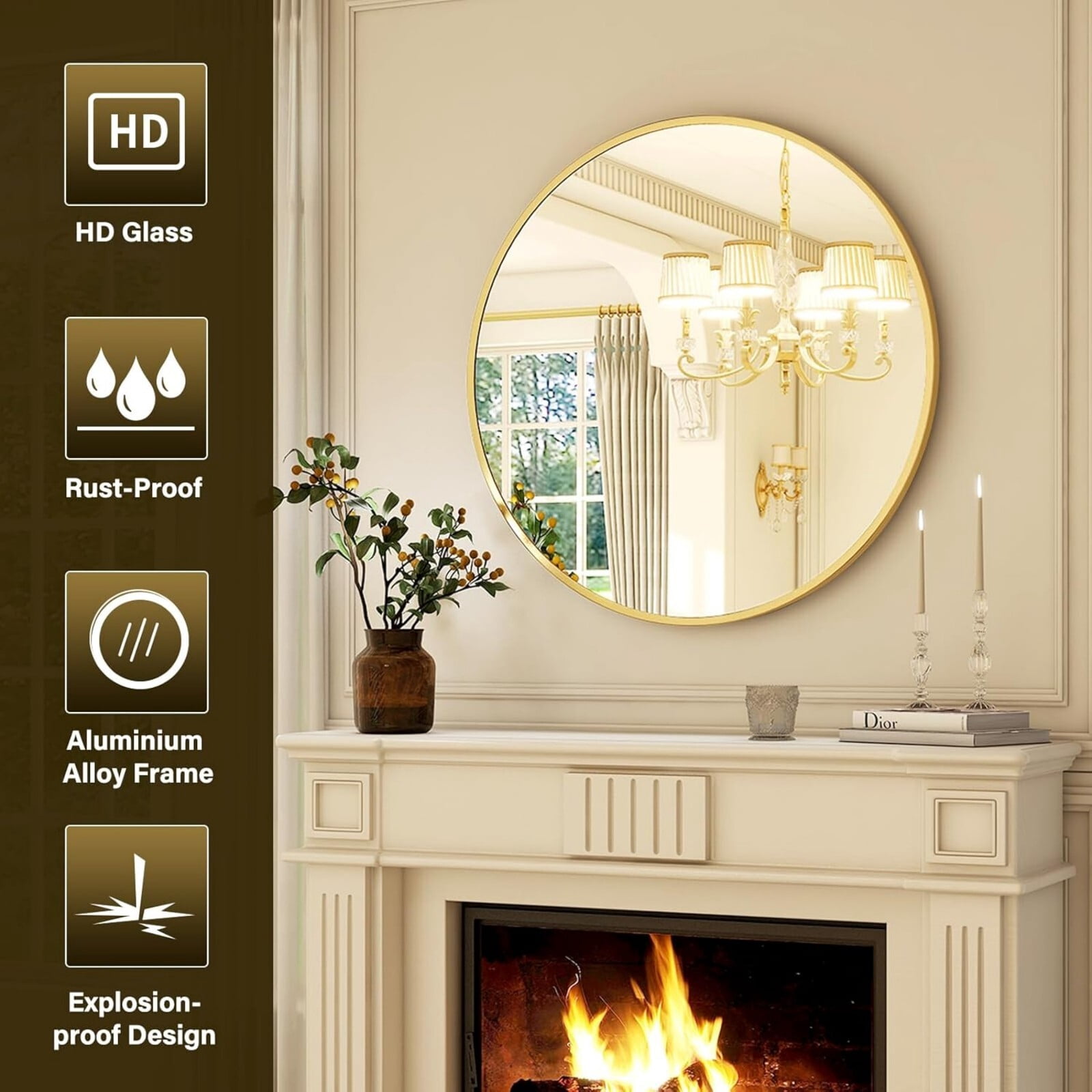 AUROMIR 24" Round Bathroom Mirror Wall Mounted Modern Vanity Mirror, Gold