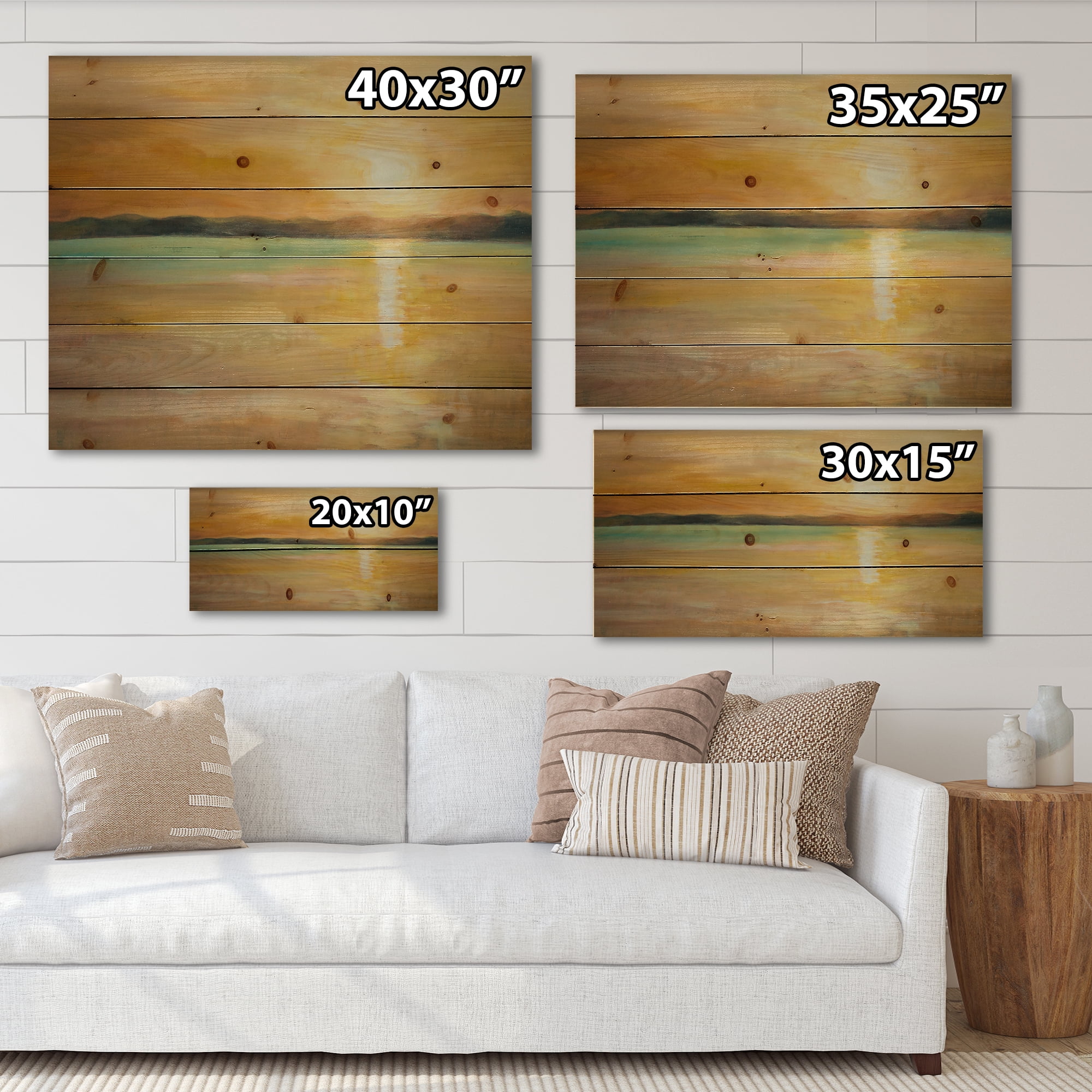 Designart 'Abstract Yellow Sunset At The Horizon' Nautical & Coastal Print on Natural Pine Wood