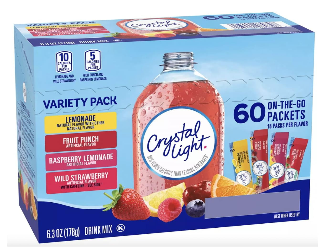 Crystal Light Sugar-Free, Lemonade, Fruit Punch, Raspberry Lemonade and Wild Strawberry On-The-Go Powdered Drink Singles Mix Variety Pack, 60 Count, Each Packet Dissolves into any 16.9 oz