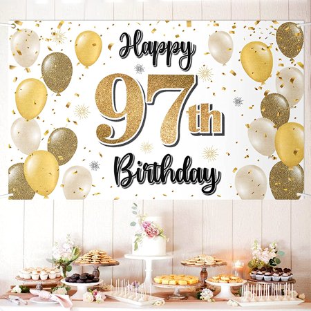 Happy 97th Birthday Decoration Banner,97th Gold Balloon Large Birthday Banner Backdrop Sign,97 Years Old Bday Party Supplies