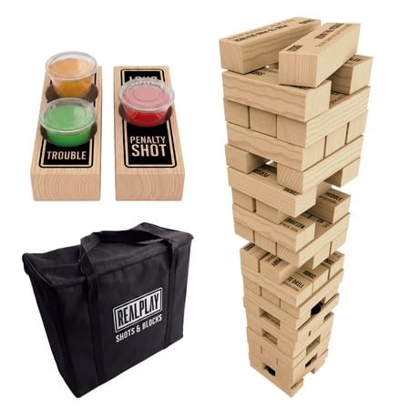 Realplay Shots and Blocks Tower Stacking Game, 27-Inch Party Game with Carry Bag