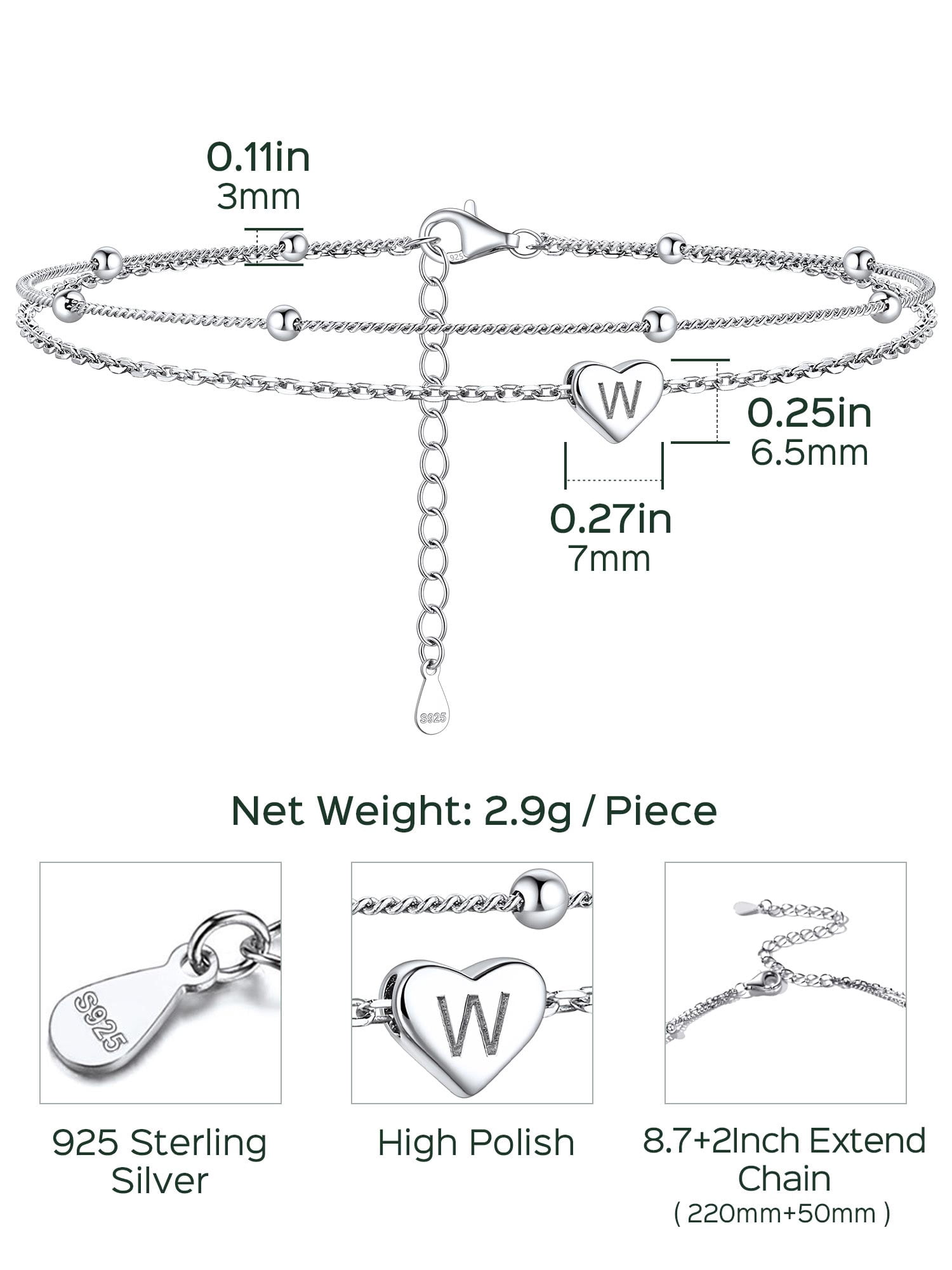 ChicSilver Womens Initial Anklet 925 Sterling Silver Layered Anklet Bracelet Dainty Beaded Chain Anklet Adjustable 11" Waterproof Summer Beach Jewelry for Women