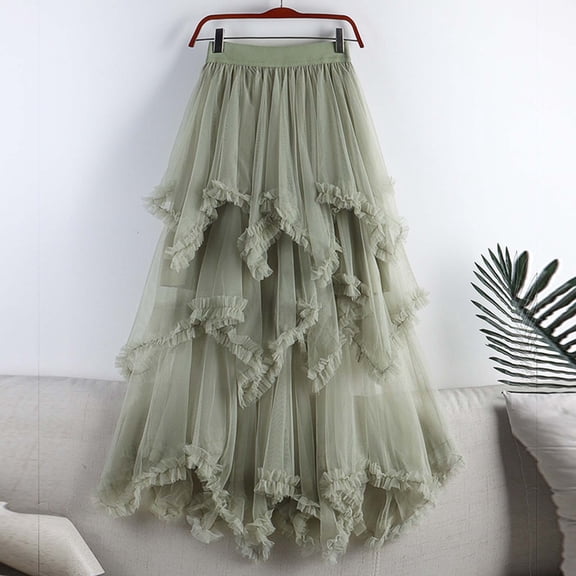 BRGZLK Women's Tulle Skirt Summer Casual Solid Color Asymmetrical Ruffle Mesh Breathable Tiered Trendy Elastic High Waist Fairy Skirt Costume Army Green Free Size