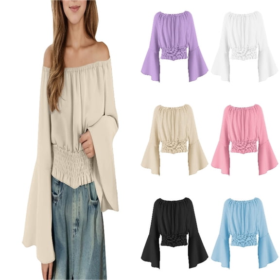 DGMIOCS Girls Vintage Court Shirts Off the Shoulder Flare Sleeve Crop Tops Tween Renaissance Elegant Tunic Blouse Size: 5 Years Beige