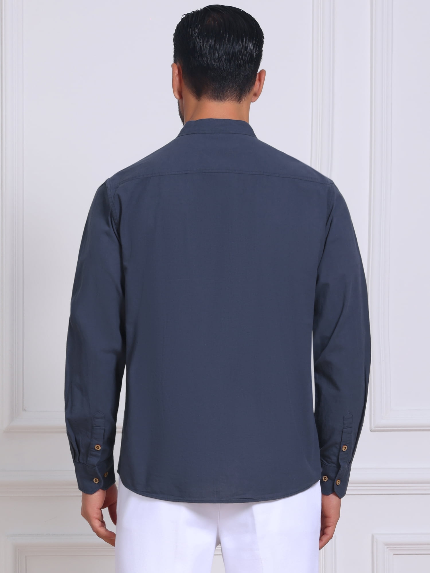 DARING DIVA Men's Stand Collar Long Sleeves Button Down Linen Shirts M Dark Blue