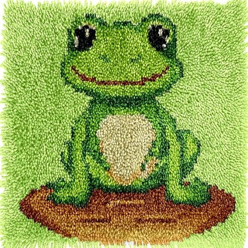 Cartoon Cute Green Frog Latch Hook kits Mini Rug DIY Handmade Crochet Yarn Needlework Hook and Latch Kit Printed Canvas Carpet Cushion Cover Home Christmas Decoration 30x30cm
