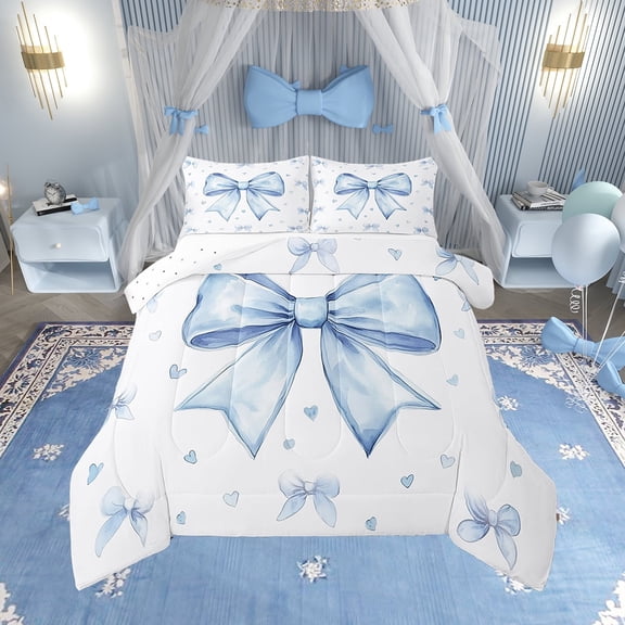 Erosebridal Cute Blue Bowknot Bedding Set Queen Teen Women,Kawaii Dreamy Bow Comforter Set Princess Style Blue White Heart Decor Bedding Comforter Sets Soft Breathable Quilt Duvet