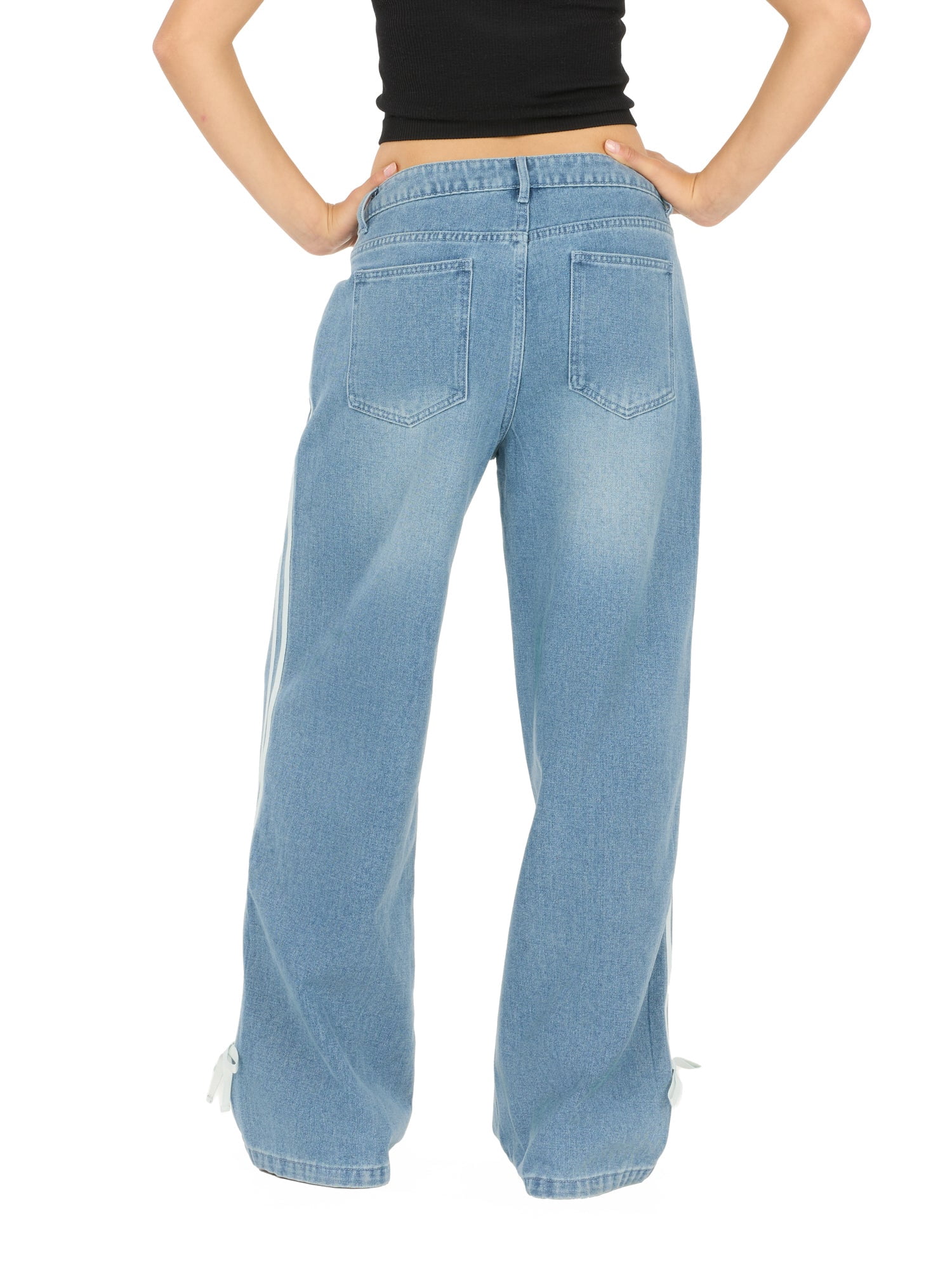 Forever 21 Women's Low Rise Baggy Fit Jeans with Side Stripes and Bow Accents, Sizes 0-14