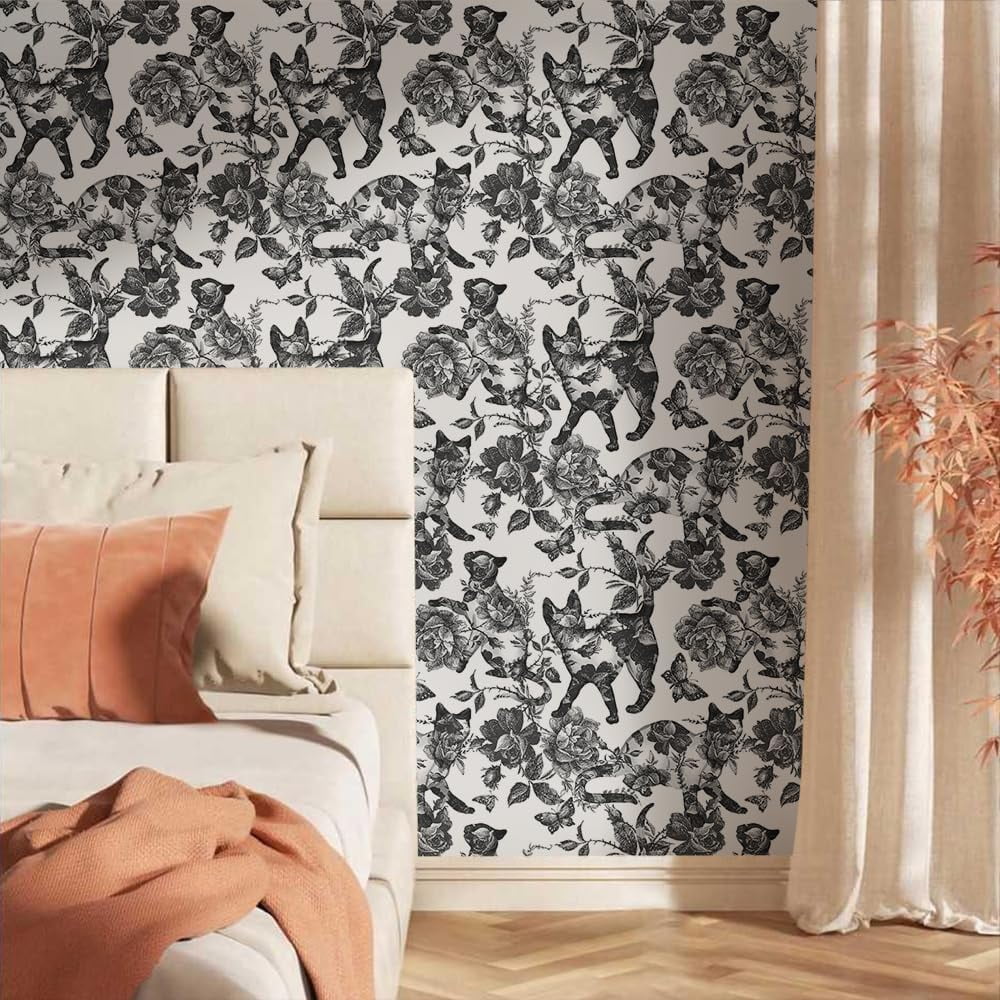 Black White Vintage Floral Cat Animals Butterfly Peel and Stick Wallpaper Self Adhesive Removable Easy Peel Off Contact Paper Stick on Wall Paper for Bedroom Cabinet Renter Friendly