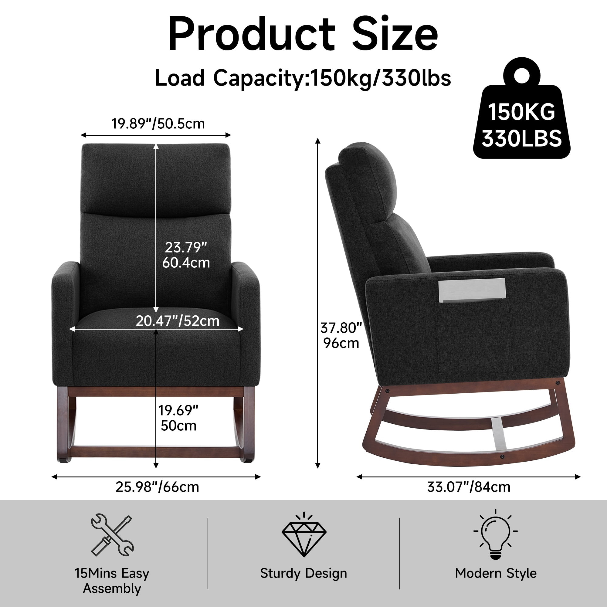 AUNEKIV Rocking Chair Nursery, Upholstered Accent Rockers, Nursing Glider Chairs for Bedroom, Black