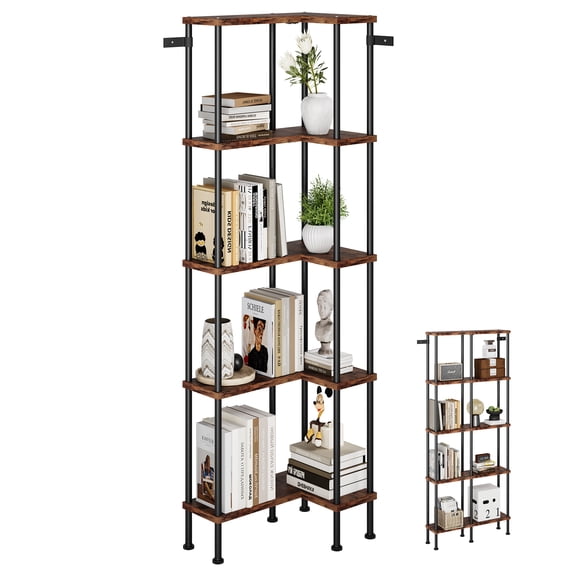 5-Tier L-Shaped Corner Bookshelf, 10 Open Shelves, Rustic Brown
