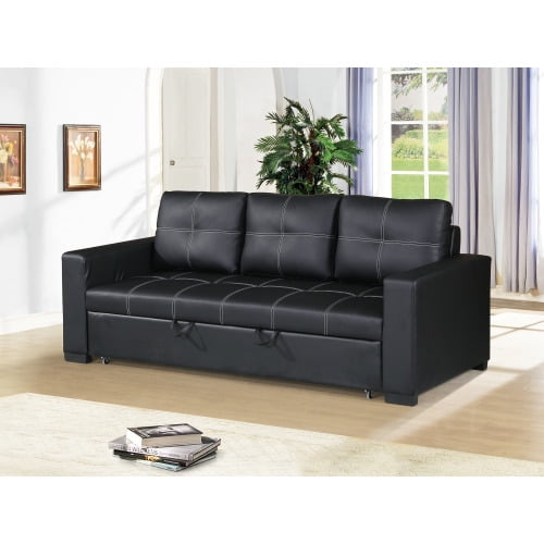 Sectional Sofa Pull out Bed Living Room Couch Black Faux Leather Tufted Convertible Sofa