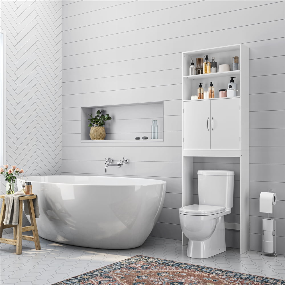 Yaheetech Free-Standing Over-the-Toilet Storage with Double Doors and 2 Open Shelves for Bathroom, White