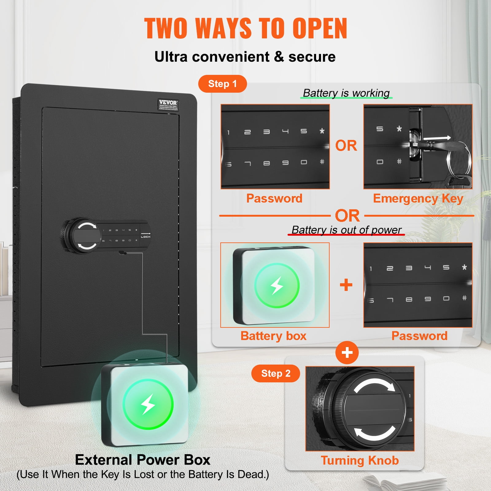 VEVOR 25.59" Tall Wall Safe,3-Tier Hidden Wall Safe with Keypad, 3 Removable Shelves & 6 Key Holders, Q235 Cold-Rolled Steel In Wall Safe with LED Light & Vibration Alarm for Money, Jewelry,Passport