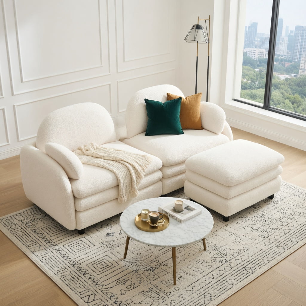 Hommoo Teddy Fleece 2-Seat Modular Loveseat Sofa with Curved Backrest, Removable Ottoman & Lumbar Pillows, Cloud-Like Comfort Sectional Couch, Beige
