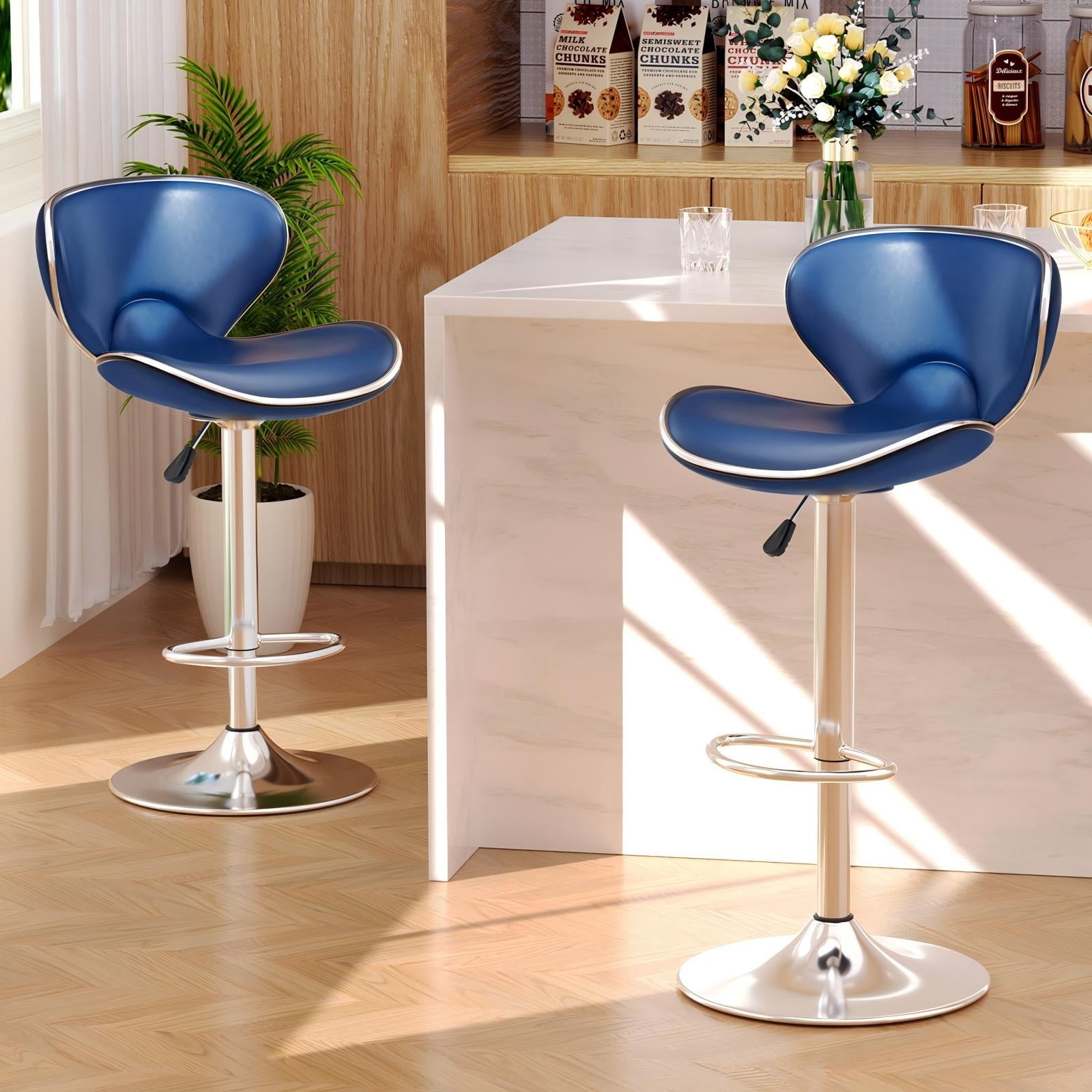 Bar Stools Set of 2, Adjustable Swivel Barstools, Modern PU Leather Counter Height Stools with Back and Footrest for Island, Dining, Bistro, Pub (Blue)