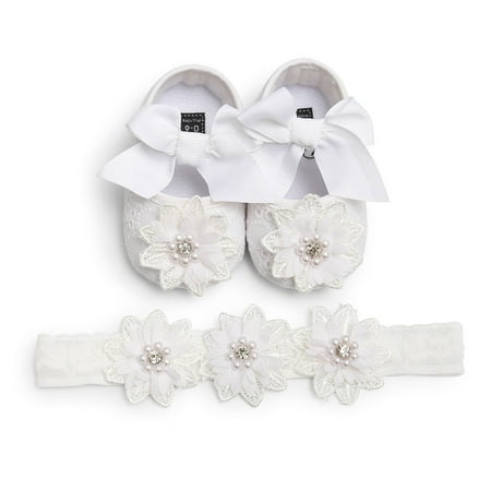 

nsendm Bowknot Infant Toddler Baby Set Girls Shoes+Headband Flower Prewalker Princess Baby Shoes Slip on Girls White 12