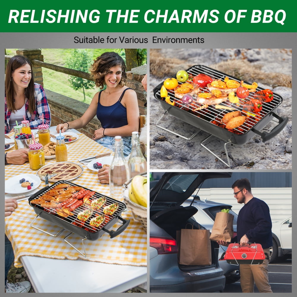 Portable Charcoal Grill Tabletop BBQ Smoker Small Camping Picnic Beach Backyard Enamel Body Chrome Plated Rack 21in Thermometer Air Vents Outdoor Barbecue Cooking Lightweight Easy Clean Use Best