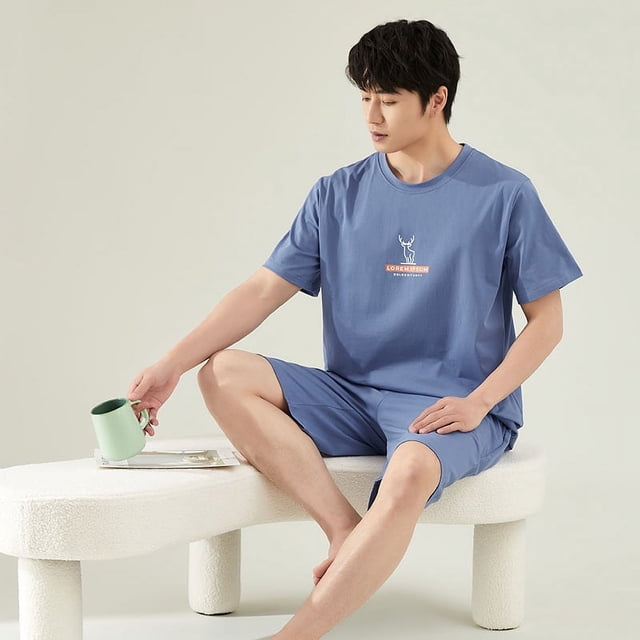 Pijama de algodón de verano para hombre, pantalones cortos de manga corta, ropa de abrigo informal de dos piezas, traje de estar por casa para hombre