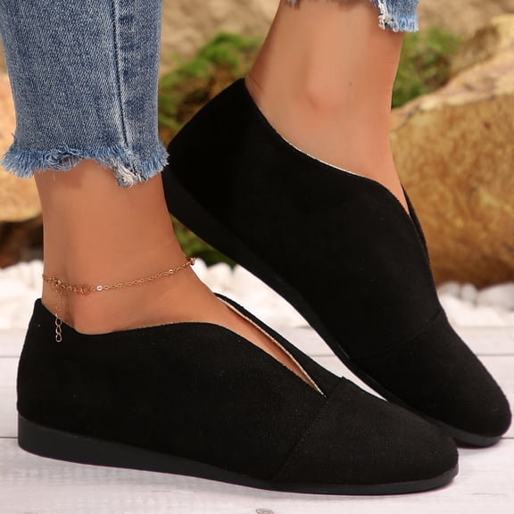 Slip On Shoes Women, Slip On Flats Shoes for Women Comfortable Faux Suede Round Toe V Cut Casual Ballet Flats Soft Loafers Nurse Walking Shoes Lightweight Breathable Boat Shoes for Office Work
