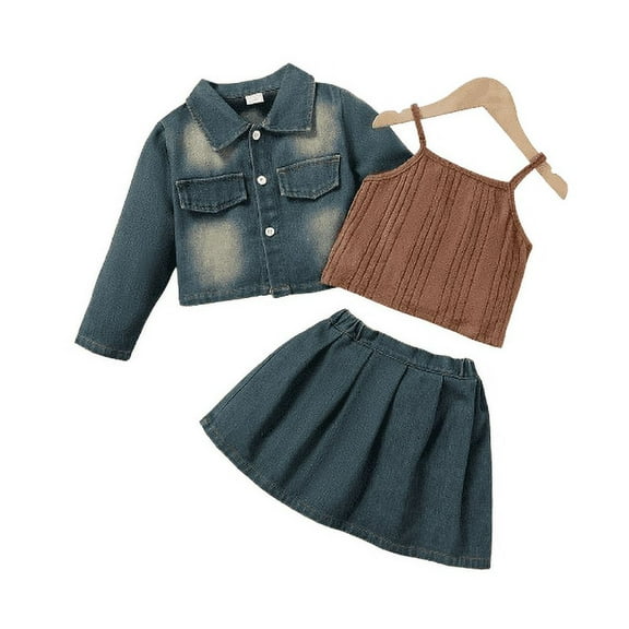 Mikrdoo Girls 3 Piece Outfits Spring Autumn Music Fesitval Set Ribbed Tank Tops Retro Denim Coat Pleated Skirts Casual Sets For Party Activities