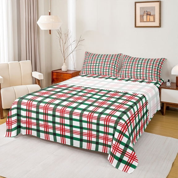 Manfei Geometric Checkered Bed Sheets,Retro Striped Lines King Sheets,Red Green White Sheet Set For Teens,Ultra Soft Home Decor,4pcs
