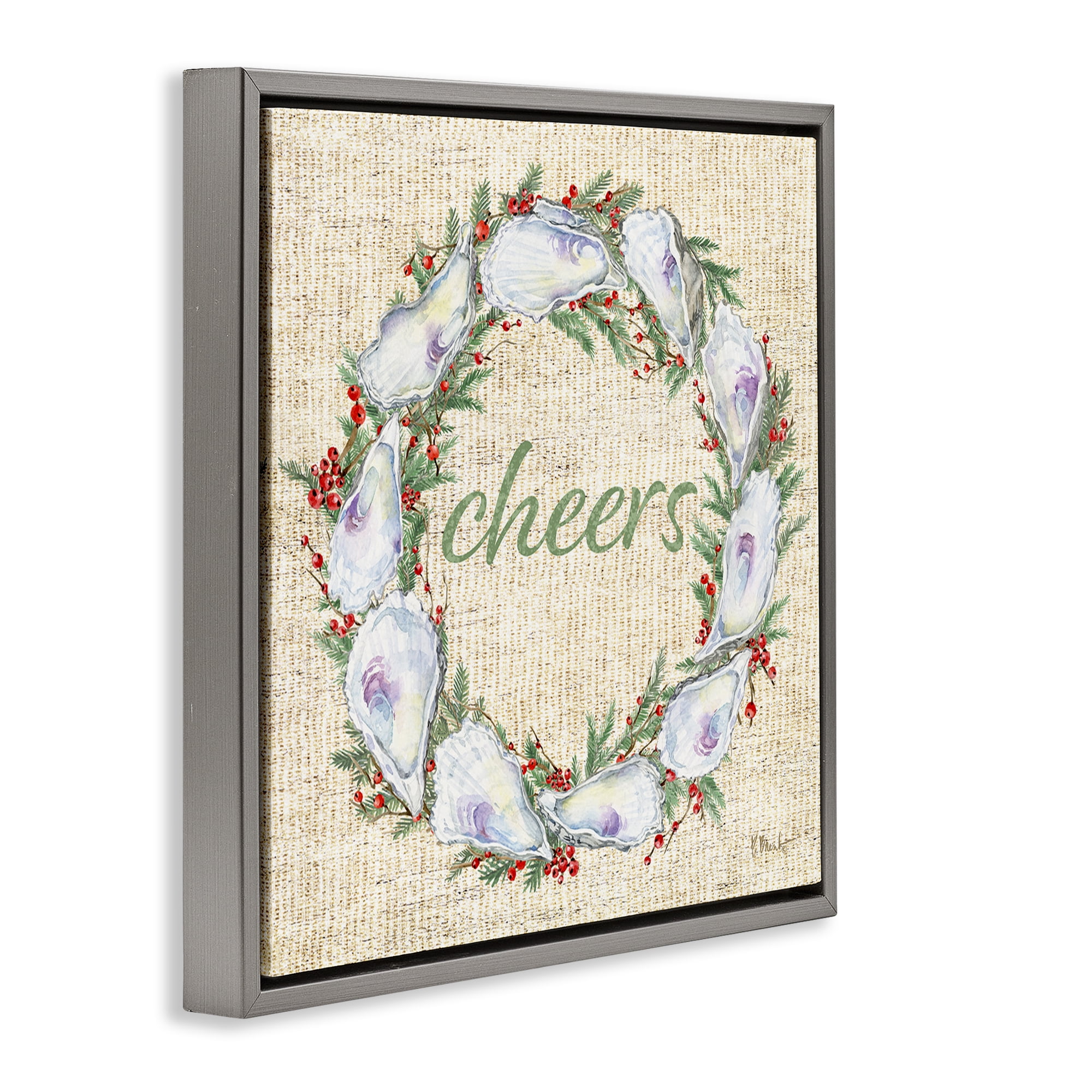 Stupell Industries Shells & Holly Wreath Holiday Painting Gray Floater Framed Canvas Art Print Wall Art, 25 x 25