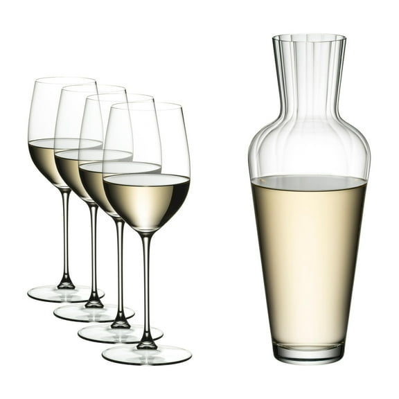 RIEDEL Machine-Made Dishwasher-Safe Veritas Riesling and Zinfandel Crystal Glass (4-Pack )with Mosel Decanter (Clear)