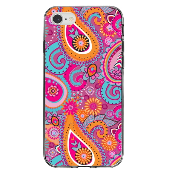 DistinctInk Clear Shockproof Hybrid Case for iPhone 7 8 SE (2020 Model) 4.7" Screen TPU Bumper Acrylic Back Tempered Glass Screen Protector - Pink Blue Orange Paisley