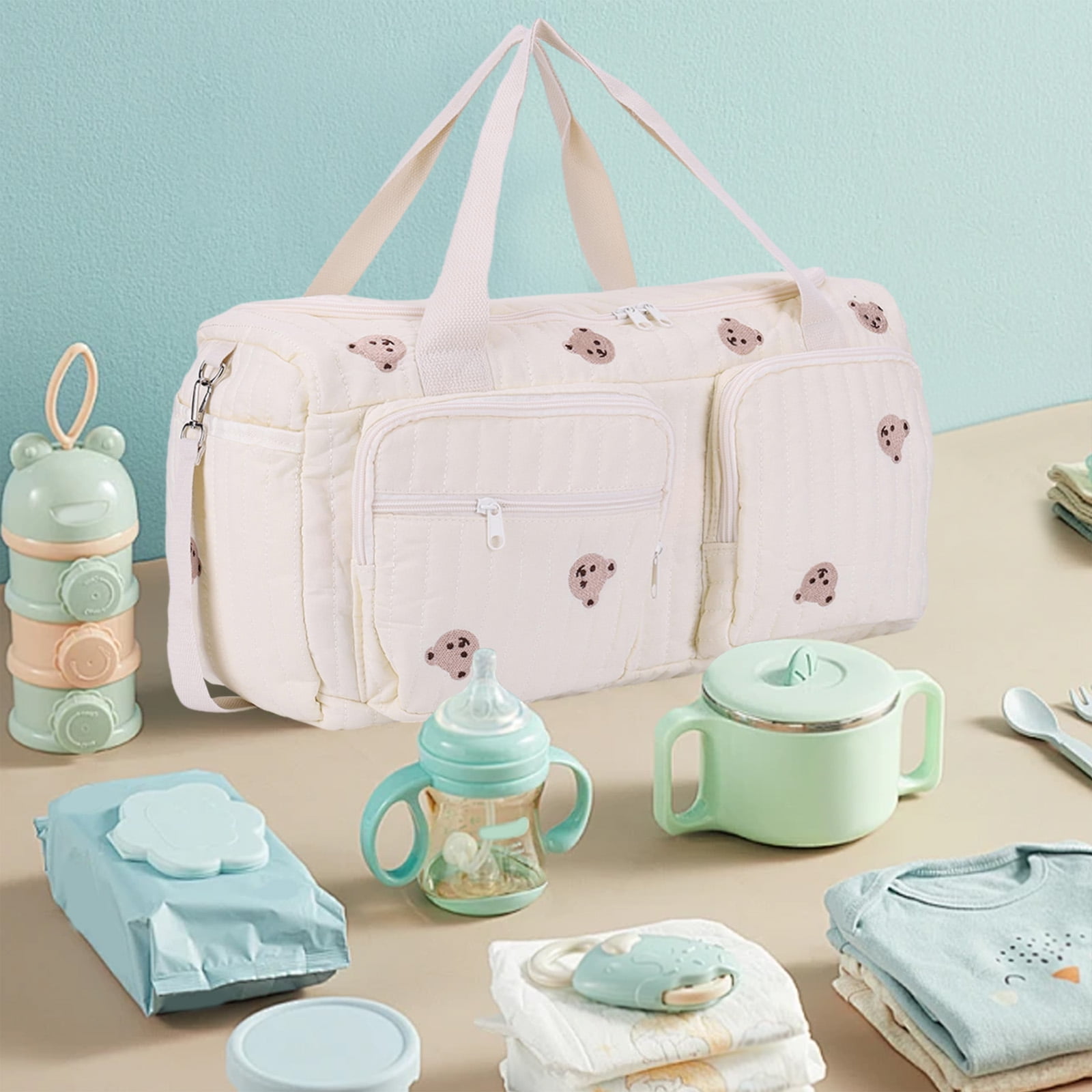 Yucurem Diaper Bag Tote, Large Capacity Diaper Bag with Multi-Pockets, Portable Strap Quilted Baby Bag for Mom Dad, Bears Printed