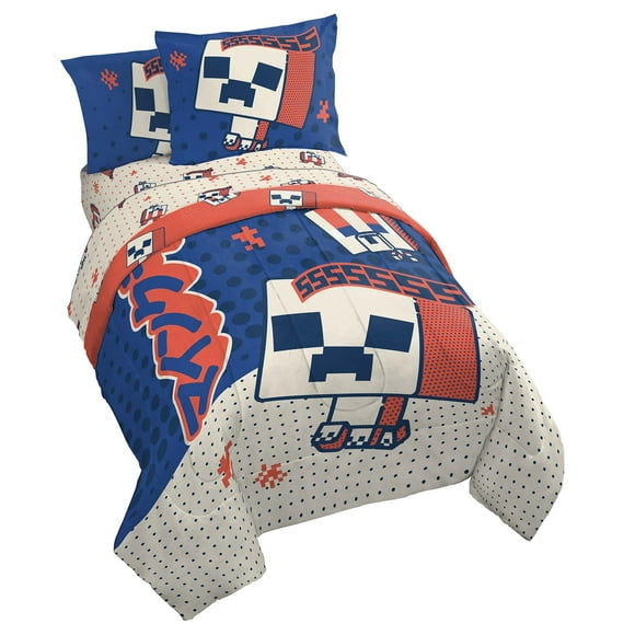 Jay Franco Ensemble de Literie Minecraft Creeper Taille Complète - 7 Pcs Comprend Ensemble de Draps et Taies d'Oreiller - Super Doux Rouge & Bleu Oishi Marché Literie pour Enfants