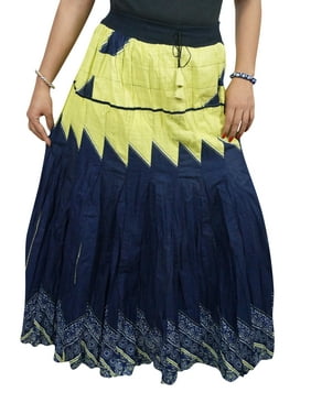 Mogul Women's Blue Long Skirt Cotton Blend Peasant Tiered Holiday Long Skirts