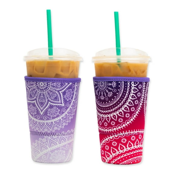 Baxendale and Co 2-Pack Large (32oz) Reusable Neoprene Insulator Sleeve for Iced Coffee or Cold Beverage Cups (Purple & Pink Mandala)
