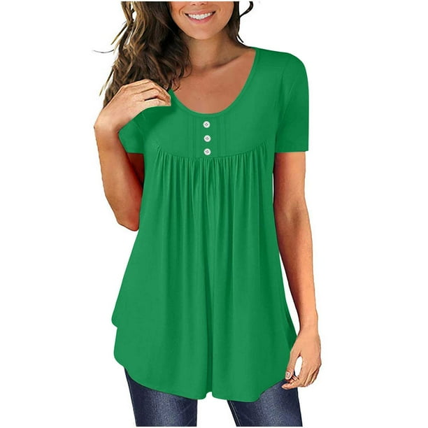 ICHUANYI Clearance Women's Summer Solid Round Neck Button Pleated Short Sleeve Tops(Green, XXL) ICHUANYI WER2023080813929