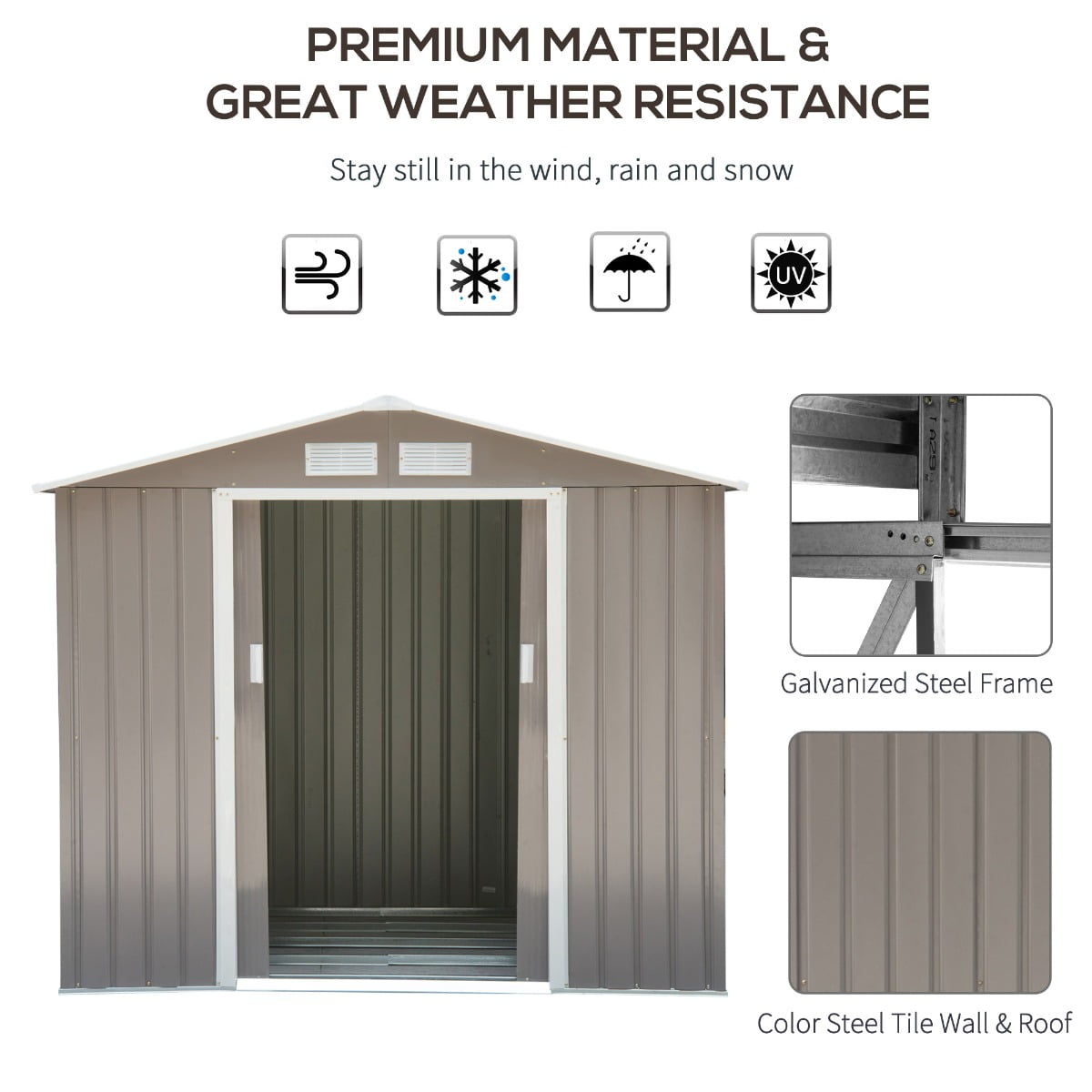 Outsunny 7' x 4' Storage Shed Garden Tool House w/ Vents Doors Gray