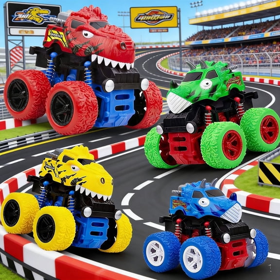 Nilvkv 4PC Set Truck Toy, Four Wheel Drive Inertial Dinosaur Toy Car for Toddlers 1-3 Back Stunt Vehicle Kids Birthday Christmas Gifts for Boys Girls