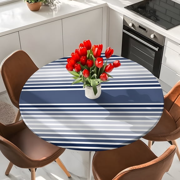 Dark Blue Striped Round Fitted Tablecloth with Elastic Edge,Waterproof Table Cloth Fits Tables Up to 36"-44",Wipeable Washable Table Cover for Indoor Outdoor Dinning Party,Horizontal Geometric Lines