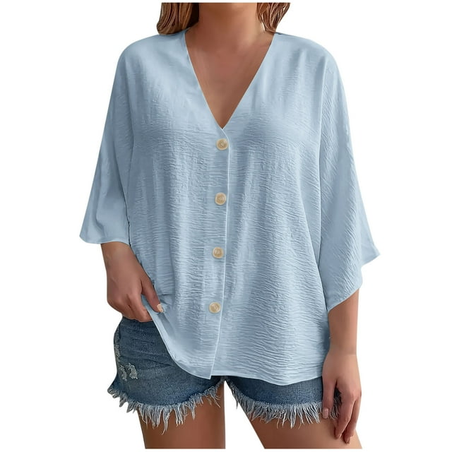 Diufon Women's Button Down Shirts 3/4 Sleev V Neck Tunic Blouses Plus Size Loose Flowy Cardigan Tops
