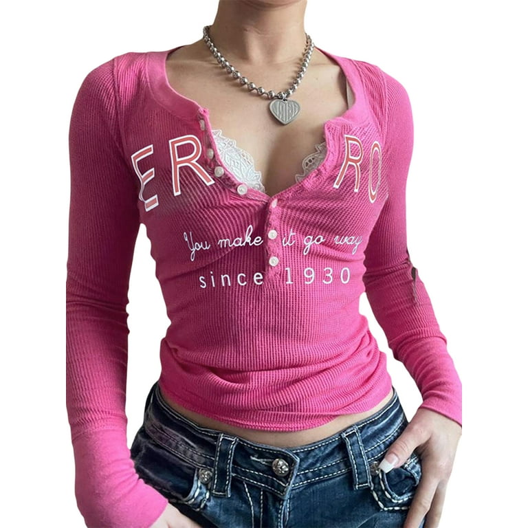 TheFound Women Girls Casual Print ERRO T-Shirt Long Sleeve Henley Top Button Down Blouses Basic Ribbed Knit T Shirt Pink L - Walmart.com