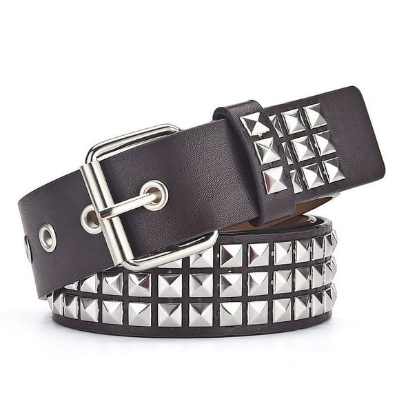 Nvzi Punk Leather Belt,Women Men Goth Pyramid Studded Square Beads Rivet Jeans Belts (Brown), One Size
