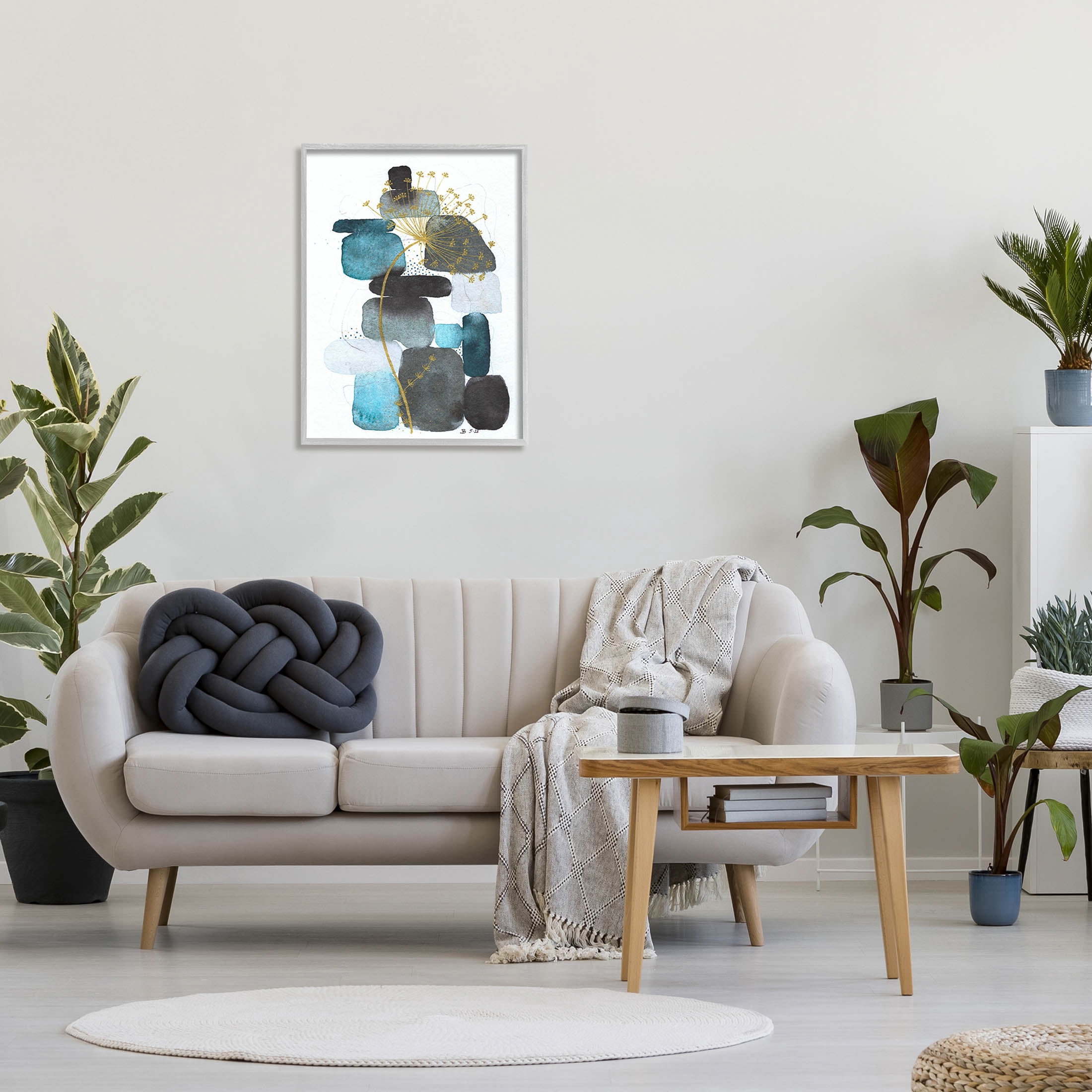 Blue Nature Rocks Dandelion Abstract Graphic Art Gray Framed Art Print Wall Art