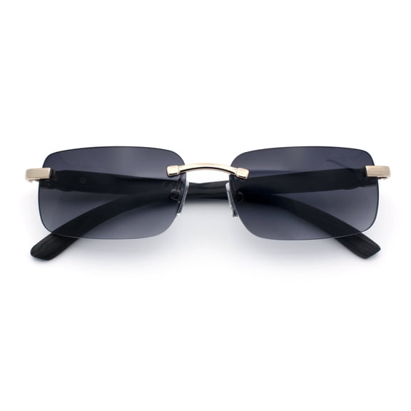 Rimless Luxury Narrow Rectangle Woodbuff Arm Fashion Sunglasses Gold Black - Smoke
