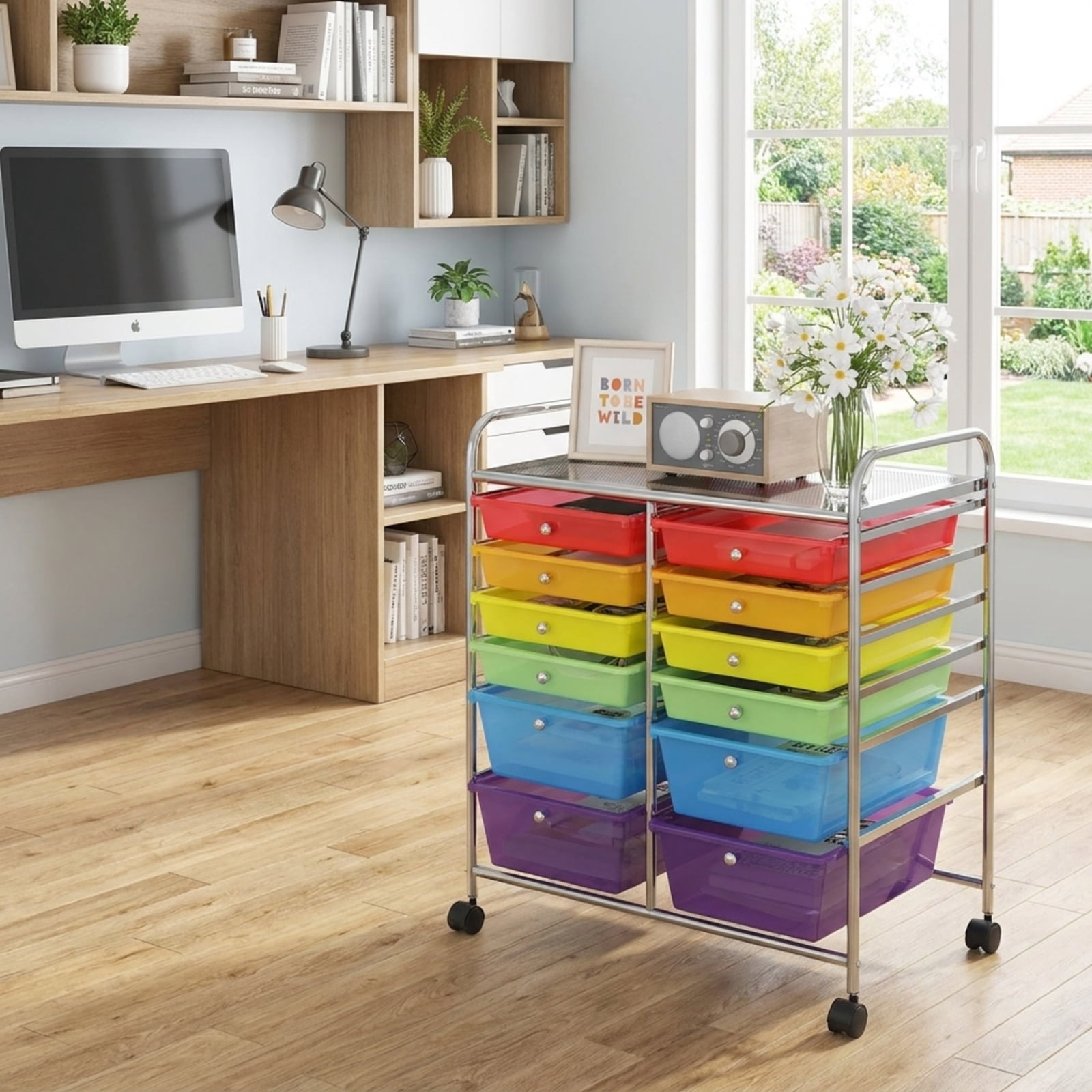 Furnibear 12 Drawers Rolling Cart Storage Scrapbook Paper Organizer Bins Multi for Home Office Craft Room Classroom, Transparent Multicolor