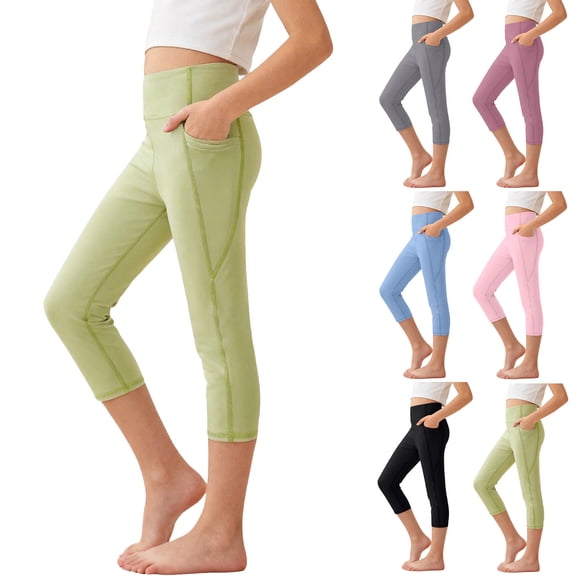 FRSASU Girl's Knee Length Capri Leggings with Pockets Yoga Workout Capris Pants Stretch for Running Casual Sky Blue
