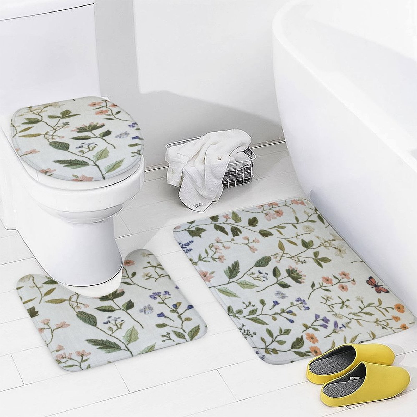 Sage Green Wild Flower Plant Shower Curtain Sets 4 Piece Shower Curtain Set with Non-Slip Rugs Toilet Lid Cover And Bath Mat Seasonal Floral Butterfly Durable And Waterproof for Bathroom Decor