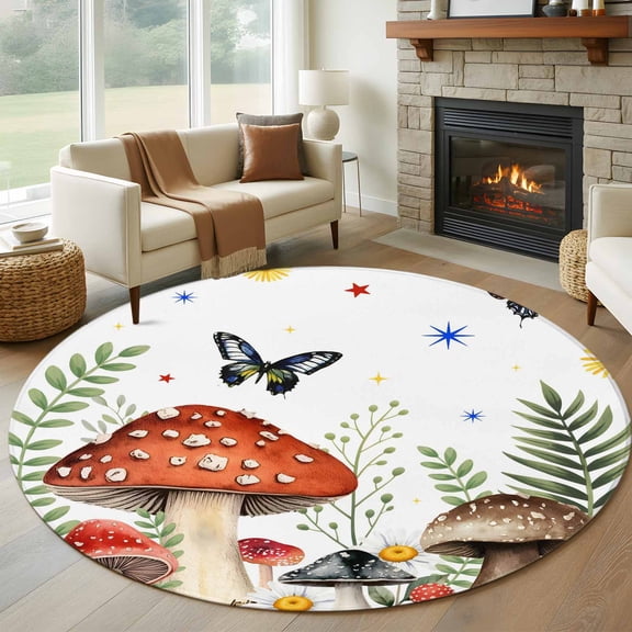 Spring Mushrooms Round Area Rug 7Ft Washable Circle Rugs for Dorm Laundry Room, Farmhouse Pastoral Botanical Watercolor Non-Slip Carpet Floor Mats Indoor Outdoor Carpet Runner Aesthetic Home Decor
