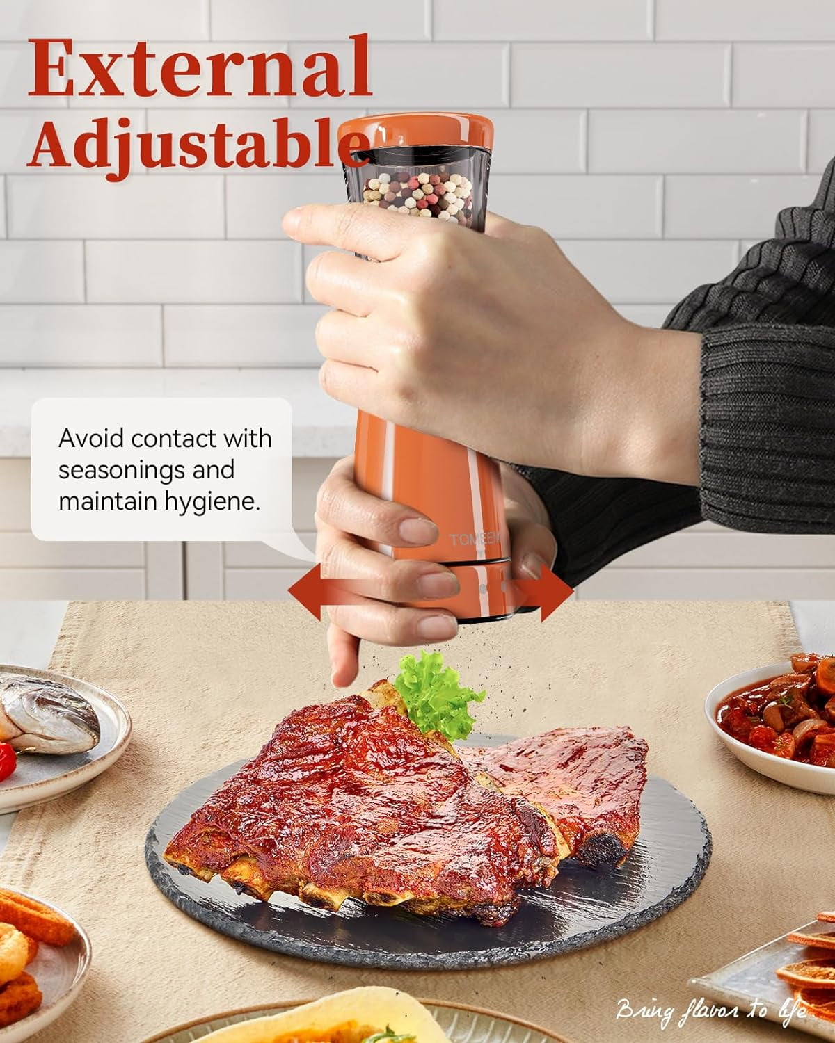 Electric Salt and Pepper Grinder Sets Automatic Adjustable Coarseness USB Rechargeable Mill Grinders Shakers With LED Light, Bright Orange