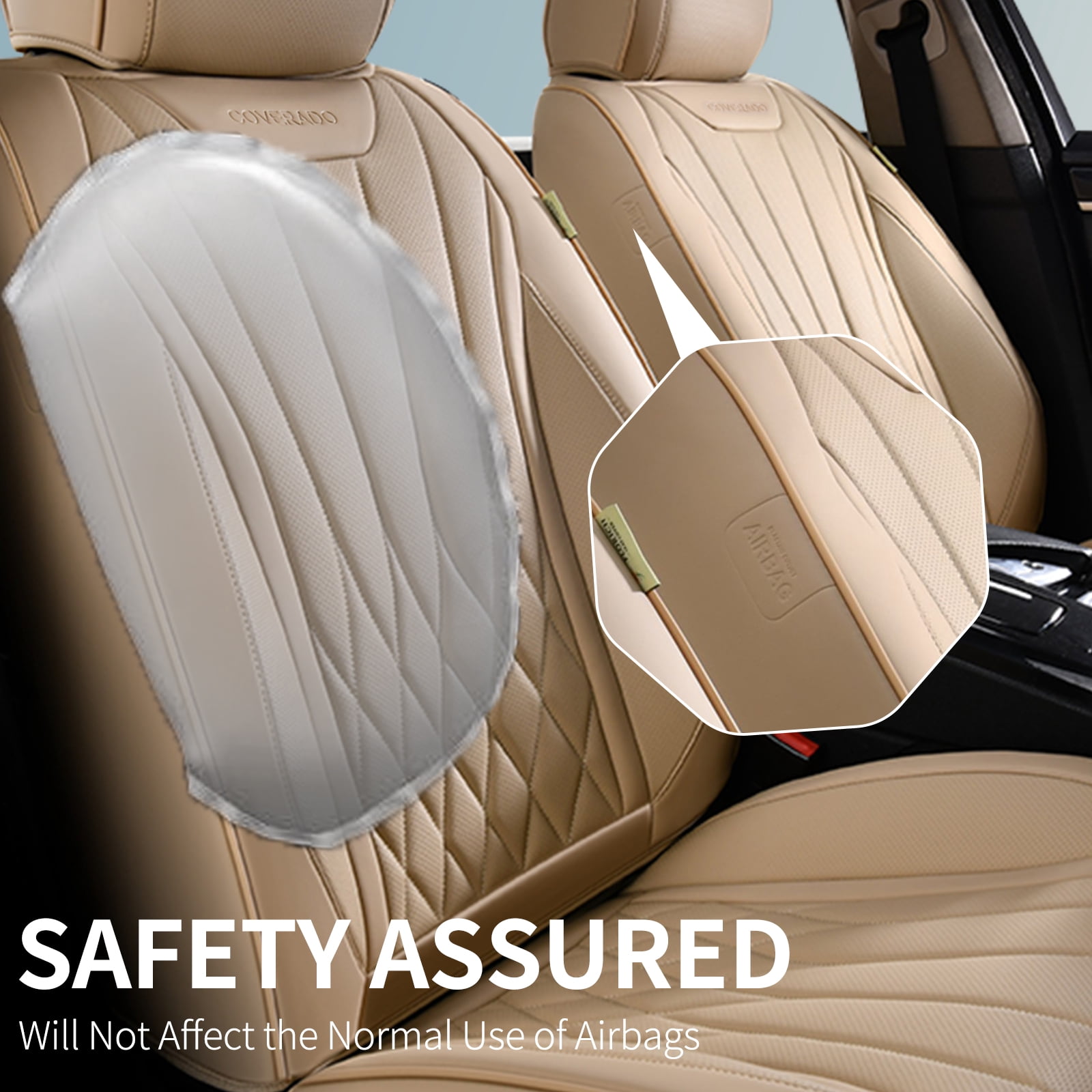 Coverado Front Car Seat Covers, Premium Leather Seat Protectors, Sleek Design Universal Fit for Most Cars, Beige