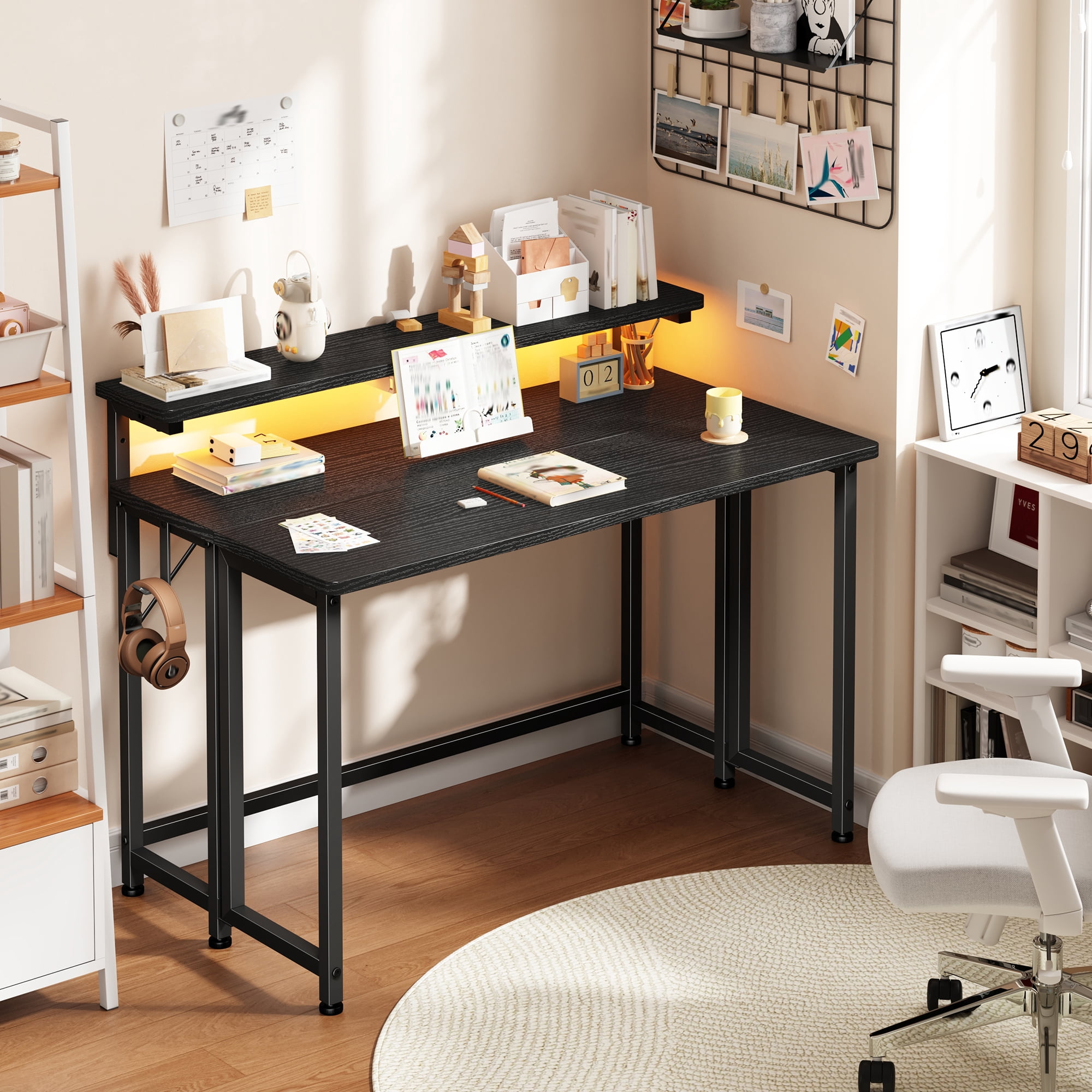 Romorgniz 31.5"D Folding Desk with Monitor Stand, Computer Desk with LED Lights & Hooks, Office Desk for Bedroom, Black